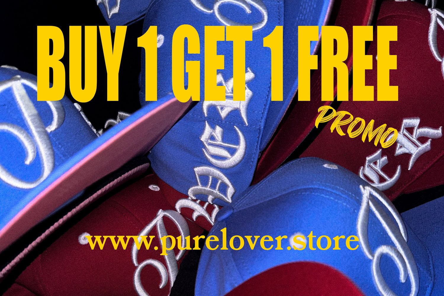 Red and blue hats with promotional text for a buy one get one free offer.